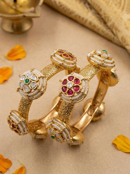 Traditional Gold Plated Kundan Pearls Kada Bangles For Women - Wedding & Party Wear