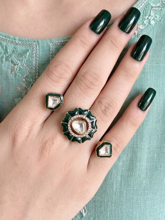 Green gold plated Kundan double finger ring with enamel and Polki stones, styled as a statement piece for mehendi, weddings and festive occasions.
