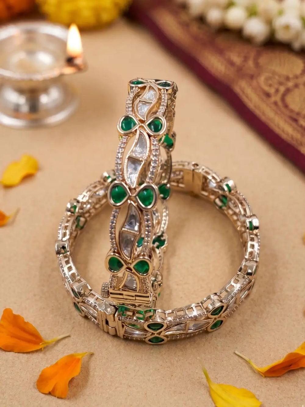 Elegant Gold Plated CZ Stones, Kundan & Green Stone Designer Bangles For Women | Ethnic & Traditional Wear openable kada bangles for women 