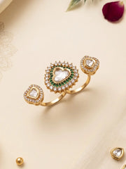 Gold plated green Kundan Polki dual statement ring featuring emerald accents, CZ imitation stones and a bold two-band design for ethnic outfits