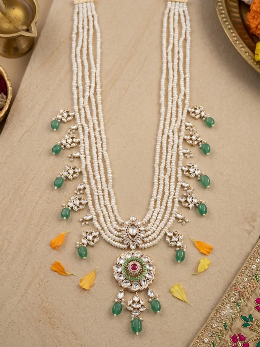 Gold plated layered dulha mala featuring freshwater pearls, green jade beads, Kundan pendants and sparkling Polki and CZ details