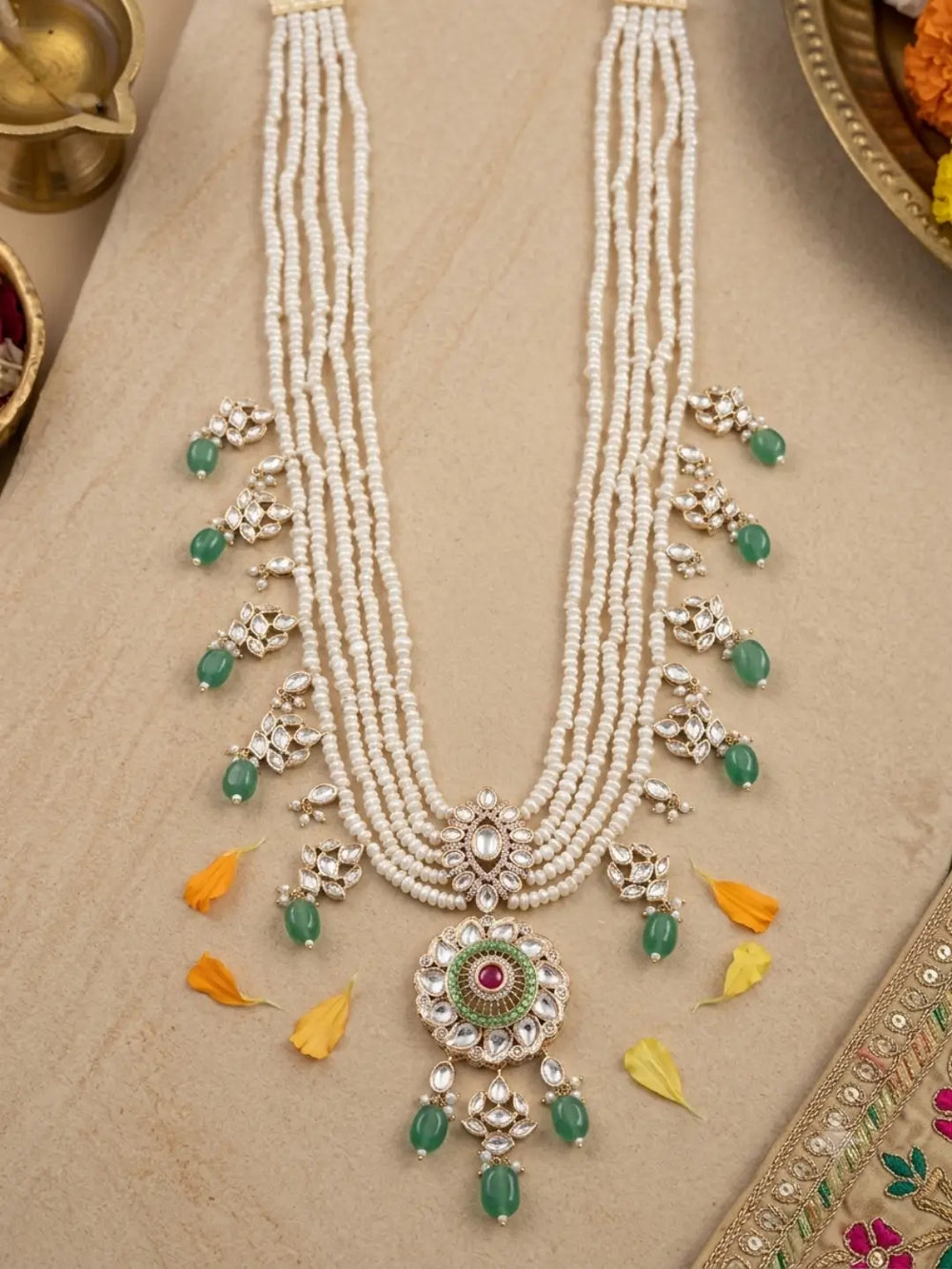 Gold plated layered dulha mala featuring freshwater pearls, green jade beads, Kundan pendants and sparkling Polki and CZ details