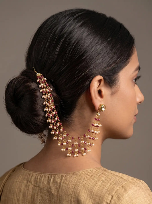 Gold plated maroon beaded ear chain with pearls and kundan for Indian bridal jewellery