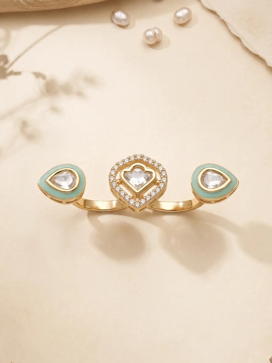 Gold plated mint green Polki dual ring with CZ accents, Meena enamel detailing and three focal elements for sarees, lehengas and festive outfits