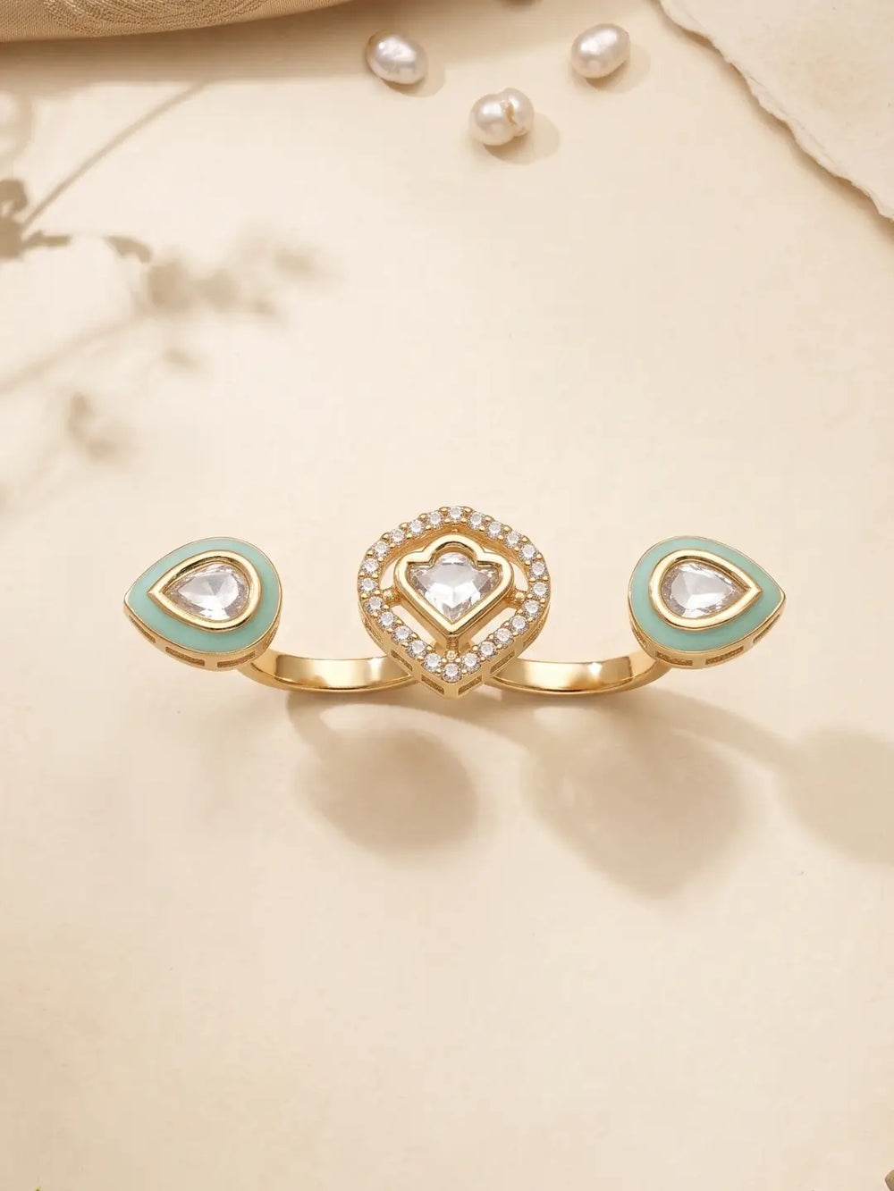 Gold plated mint green Polki dual ring with CZ accents, Meena enamel detailing and three focal elements for sarees, lehengas and festive outfits