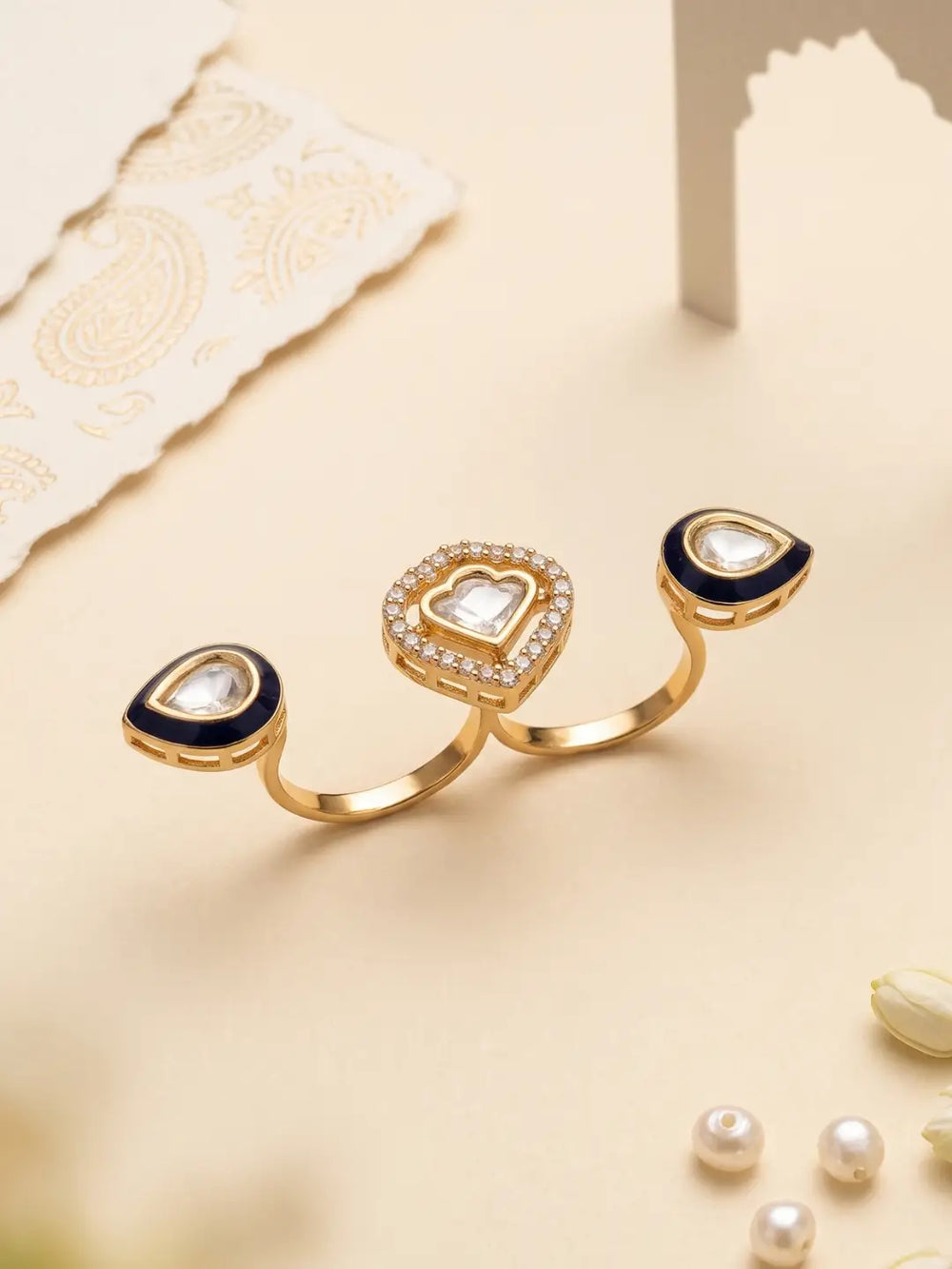 Gold plated navy blue Polki dual ring with CZ accents, Meena enamel details and three connected focal elements for ethnic and Indo-Western looks