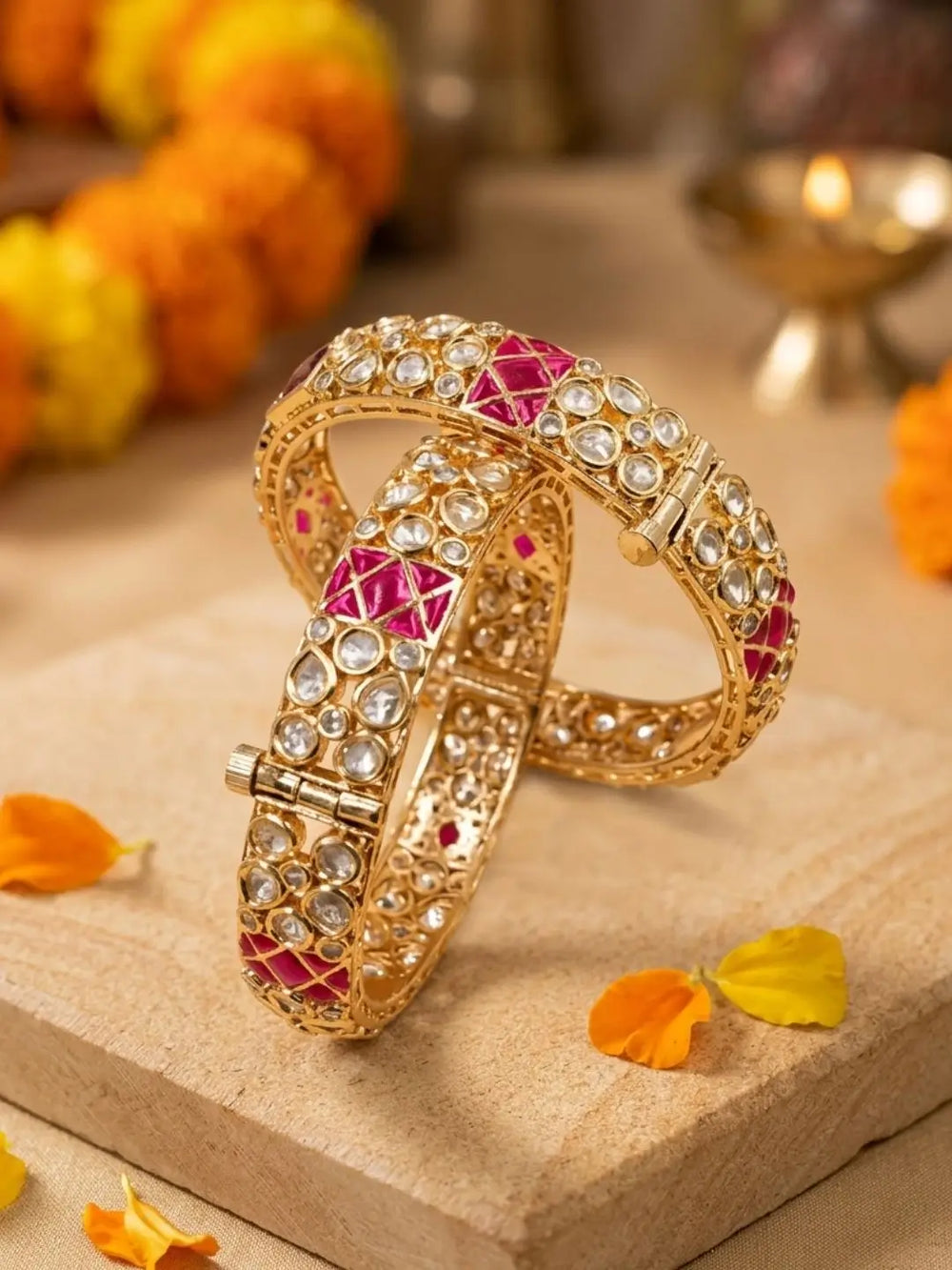 Gold Plated Ruby And Kundan studded Bangles For Women - Wedding And Party Wear Indian Bangles