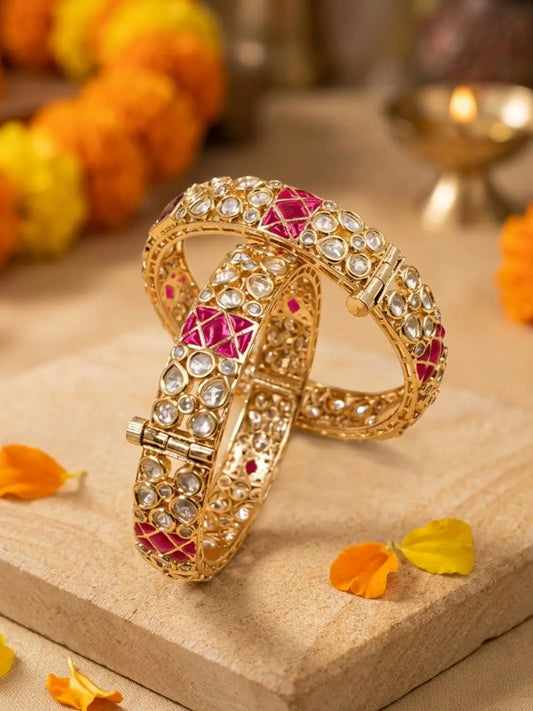 Gold Plated Ruby And Kundan studded Bangles For Women - Wedding And Party Wear Indian Bangles