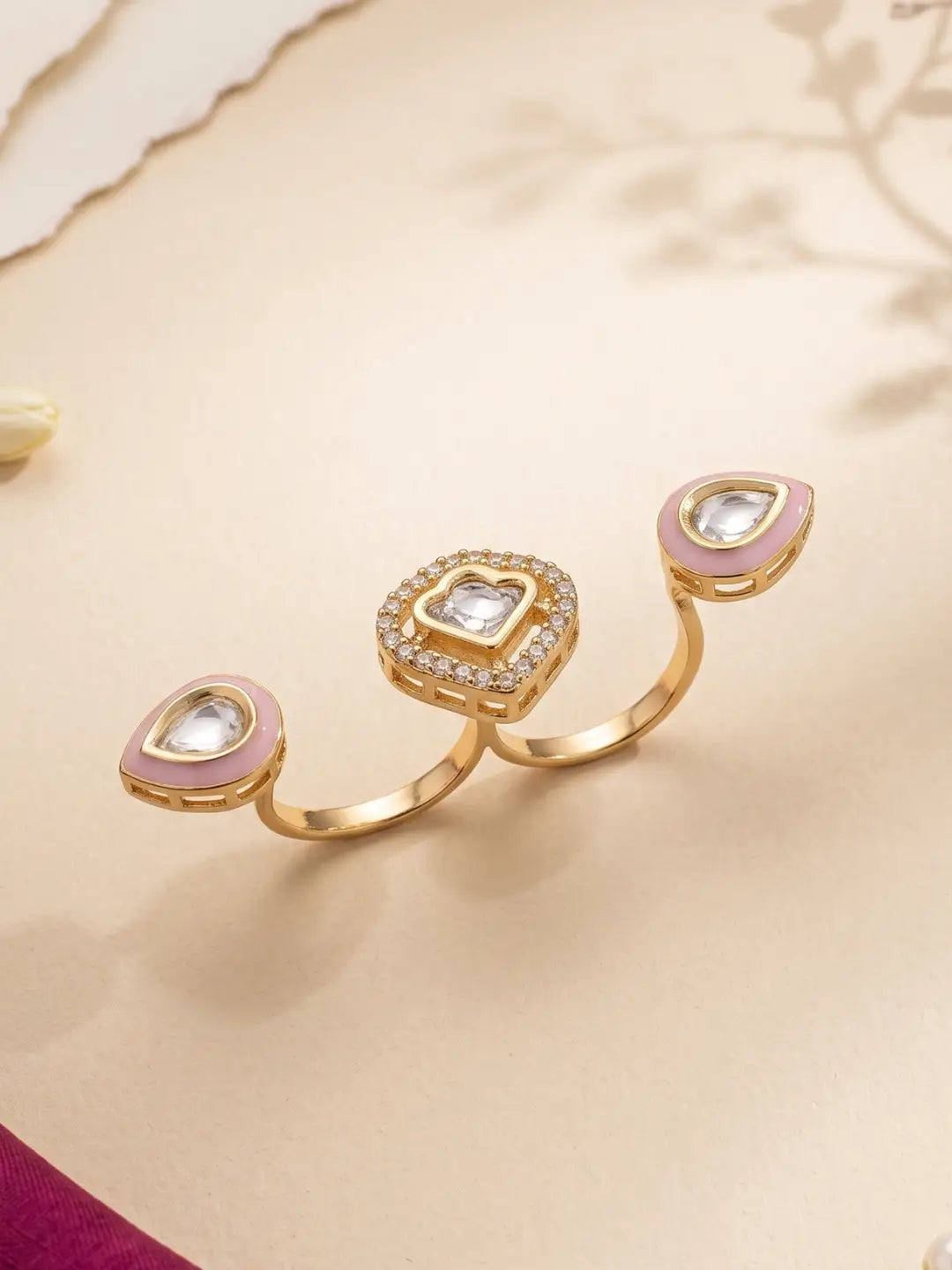 Gold plated pink Polki dual ring with CZ accents, Meena enamel work and three connected focal elements for sarees, lehengas and Indo-Western looks