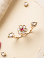 Gold plated red Polki Kundan double ring featuring a floral centre, pear-shaped motifs and CZ stone detailing for bridal and ethnic outfits