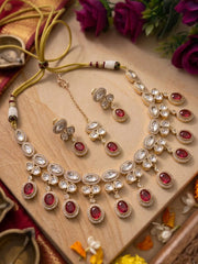 Gold Plated Red stones and Polki Kundan Necklace Set With Tikka | Wedding & Festive Jewellery Set