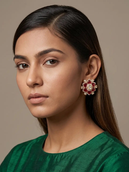 Gold plated floral stud earrings with ruby Kundan stones, white center Kundan, Polki and CZ detailing for wedding styling