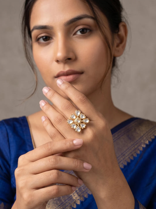 Gold plated square Polki ring featuring Kundan and CZ imitation stones with geometric detailing, suited to sarees, lehengas and ethnic outfits