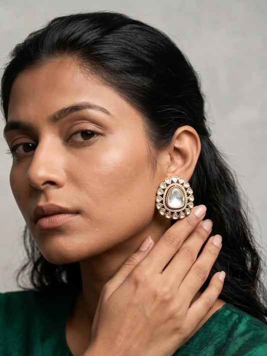 Gold plated white Kundan Polki statement studs with luminous teardrop centre, sparkling CZ stones and pear-shaped outer petals