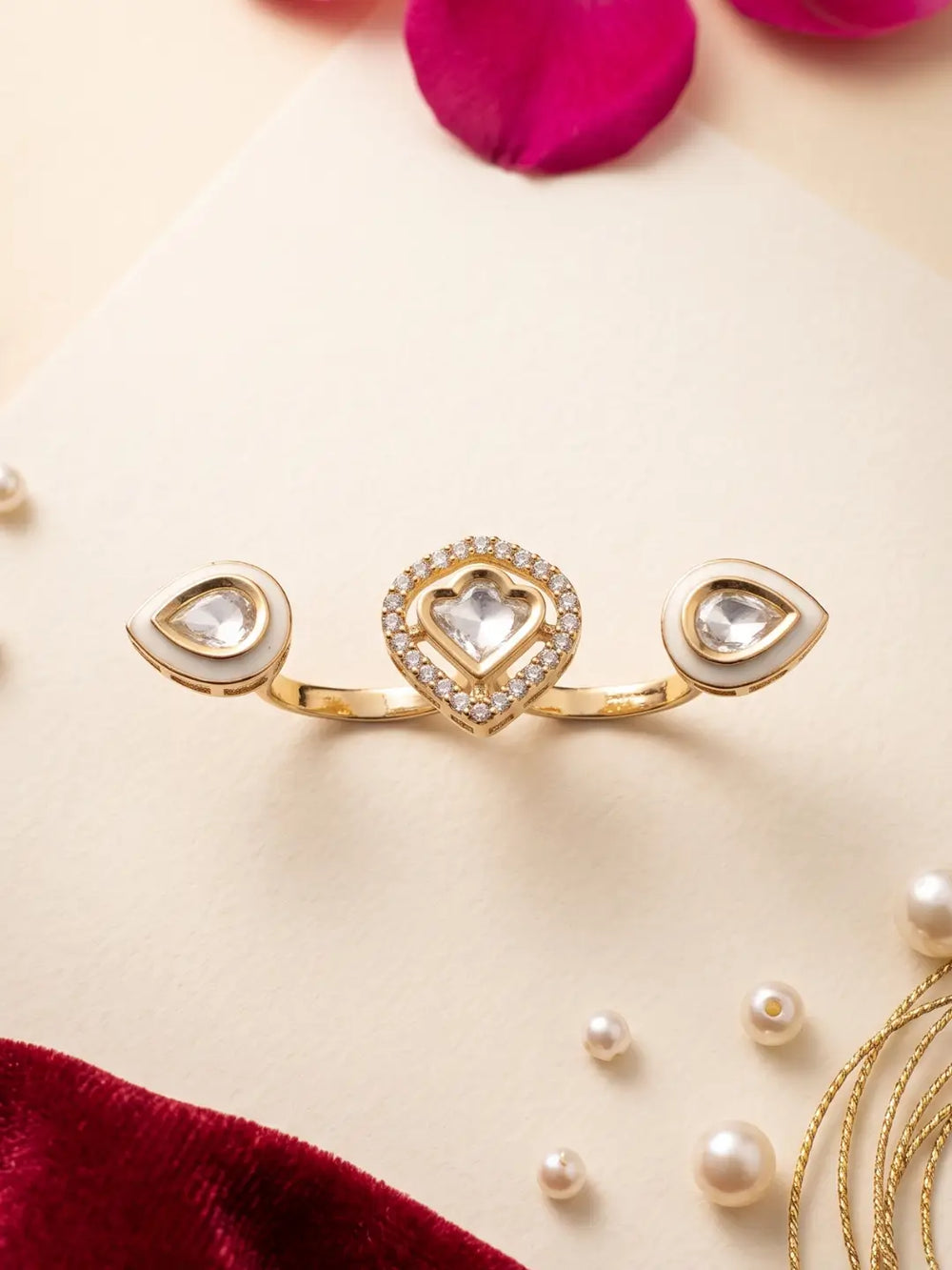 Gold plated white Polki dual statement ring featuring CZ accents, Meena enamel work and connected stone elements for saree and wedding guest outfits