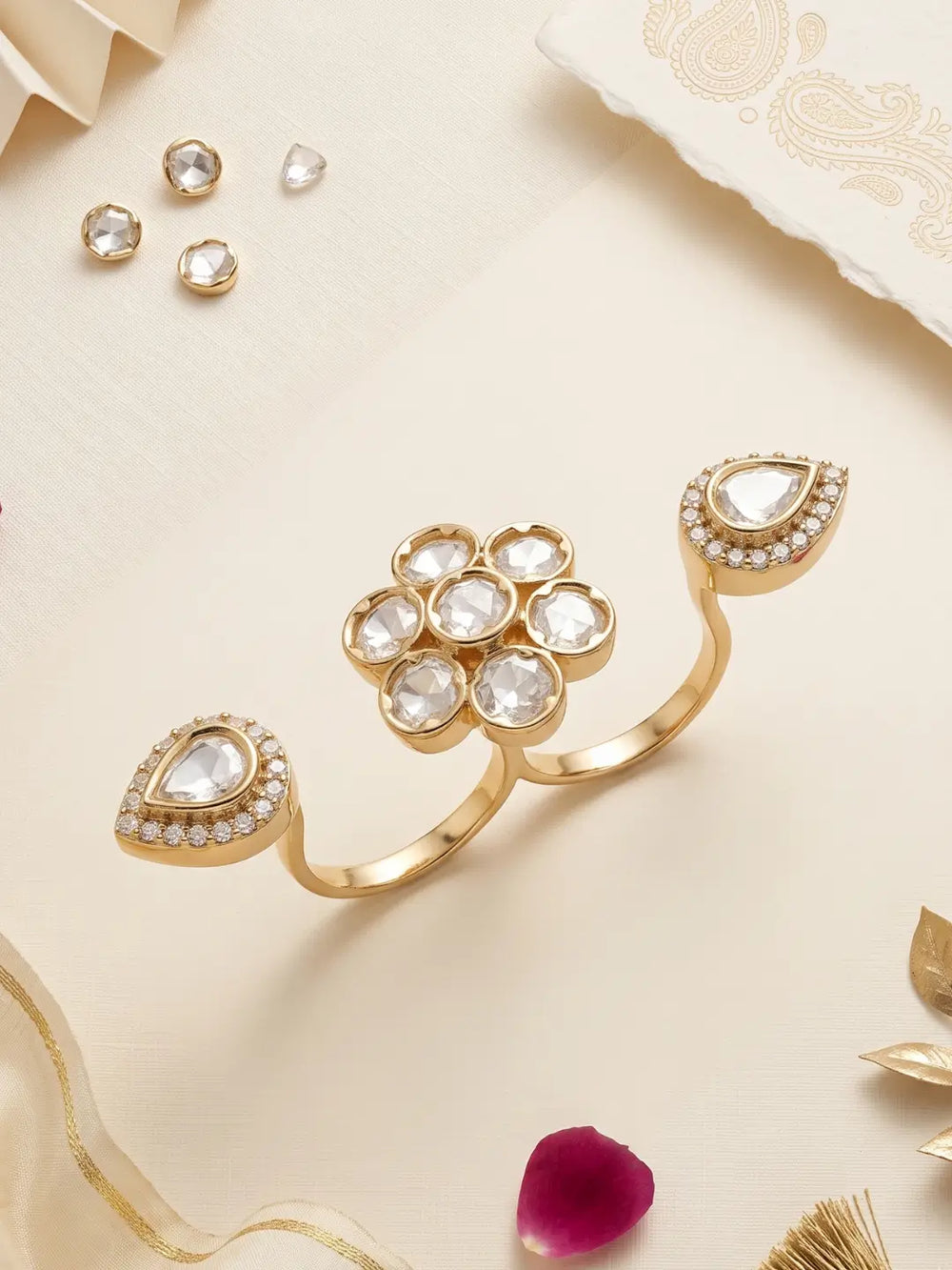 Gold plated white Polki Kundan double ring featuring a floral stone cluster, pear-shaped motifs and CZ detailing for sarees and Indo-Western wear