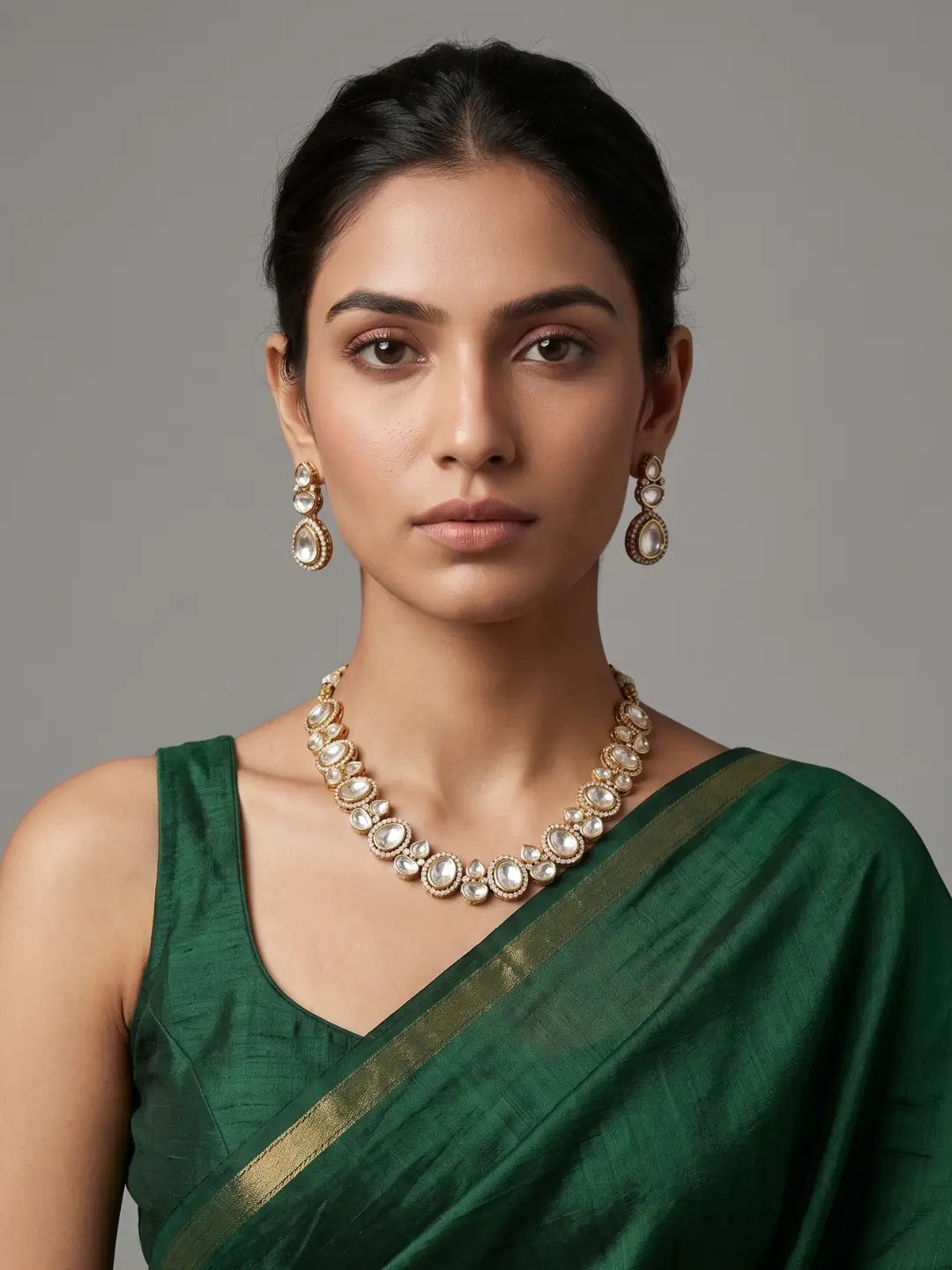 A woman wearing a green sari with a gold border, styled with a gold-toned Kundan necklace and matching drop earrings against a neutral gray background.