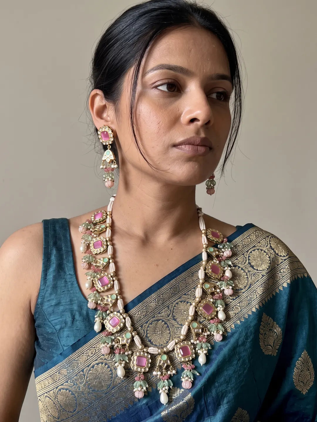 Ethnic Long Pink Multicolor Beaded Necklace Set With Small Kundan Pendants And Multiple Beaded Drops | Wedding, Festive & Ethnic Wear jewellery for women 