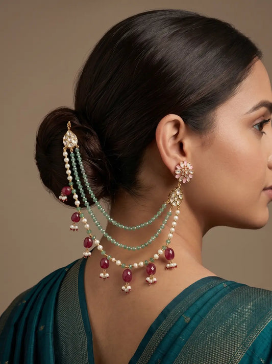Green beaded Kundan pearl ear chain with maroon drops for Indian bridal wedding hair jewellery and traditional styling.
