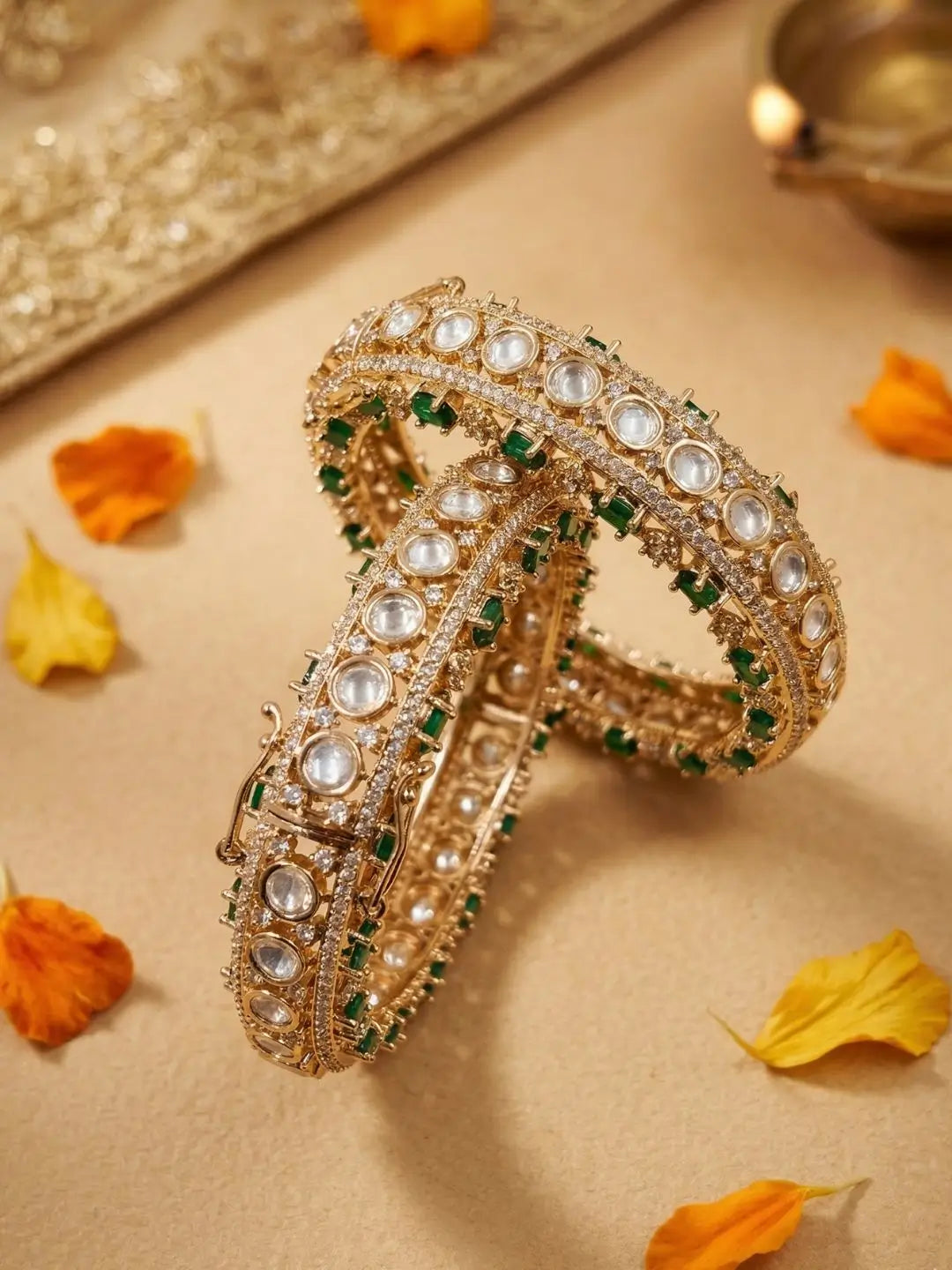 Gold Plated Emerald Stones & Kundan Openable Bangles For Women | Wedding Bridal & Party Wear ethnic bangles 