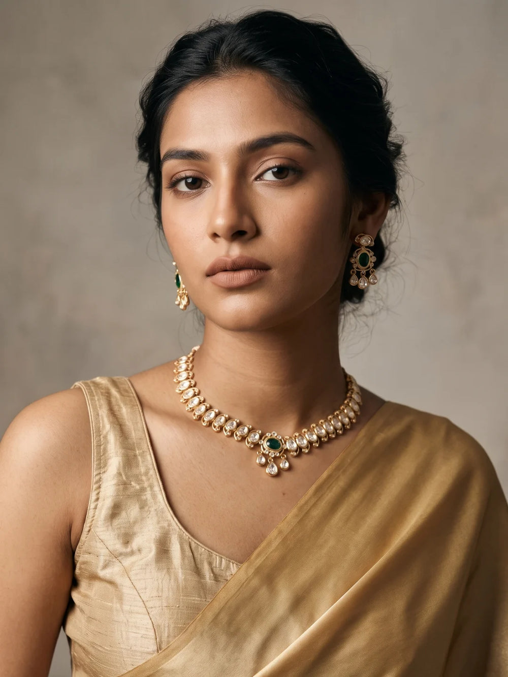 Green gold-plated choker jewellery with oval Polki motifs, clear CZ and imitation stones, and coordinated dangler earrings for ethnic styling.