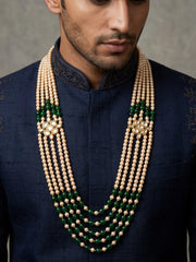 Green groom sherwani mala featuring layered jade bead strands, faux pearls and decorative gold-plated Kundan-style side brooches.