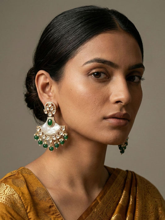 Green gold plated Chandbali earrings with mother of pearl, Kundan and Polki stones, gemstone beads and layered pearl danglers.