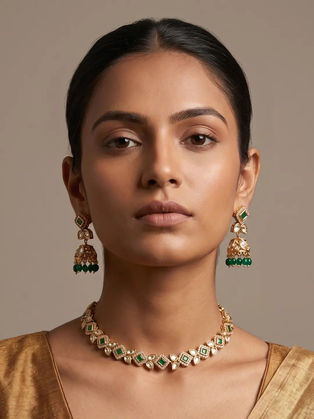 Green Kundan necklace set with Jhumka earrings, Polki and CZ stones with gold-plated detailing for weddings and ethnic occasions