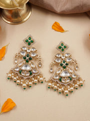 Elegant green Chandbali earrings featuring Kundan and Polki stonework, floral enamel detailing, sparkling American diamonds and pearl danglers.