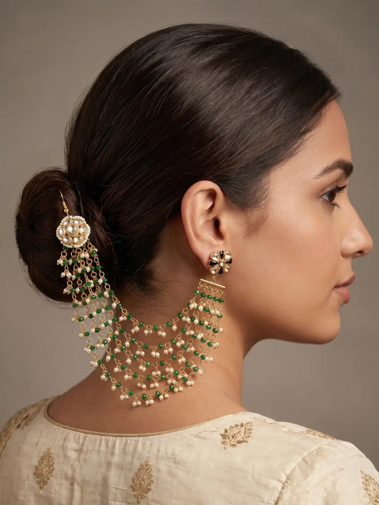 Layered green jade bead Kundan ear chain with pearl details for bridal bun, Gajra and South Asian wedding hairstyles.