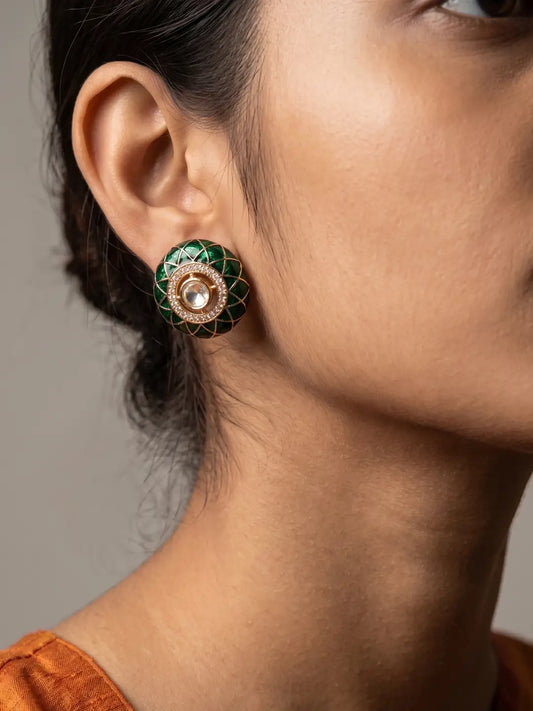 Green round Kundan Meenakari stud earrings with maroon accents, central polki stone and sparkling CZ halo in gold plated setting