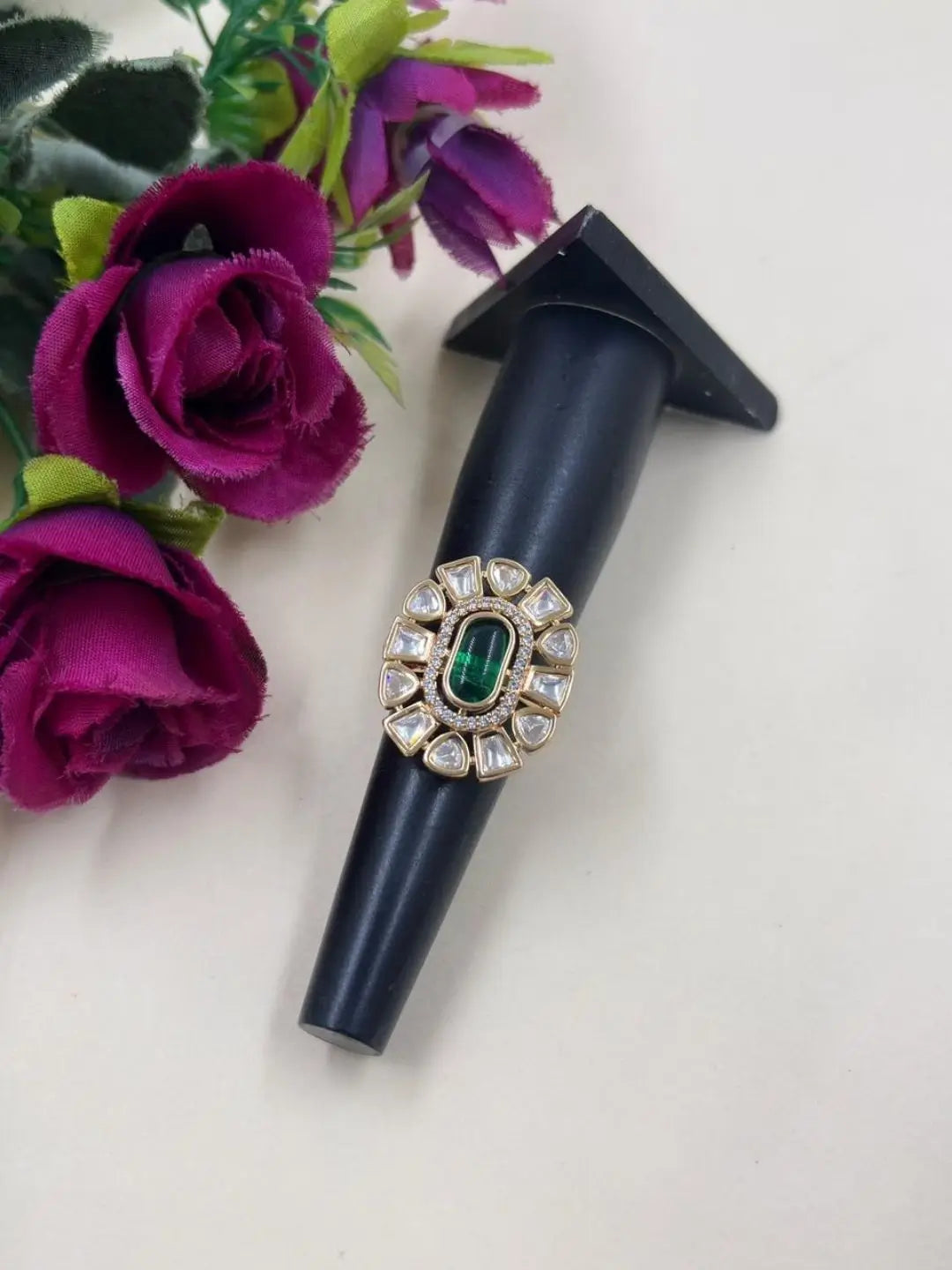 Statement green Polki Kundan Ring for Women | Wedding And Festive Wear