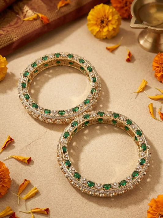 Gold Plated Emerald Stones & Kundan Openable Bangles For Women | Wedding Bridal & Party  Wear Kundan Bangles