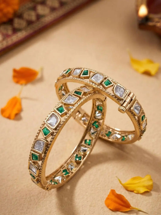 Elegant Gold Plated Green Stones & Uncut Polki Bangles For Women - Wedding & Festive Wear hand jewellery 