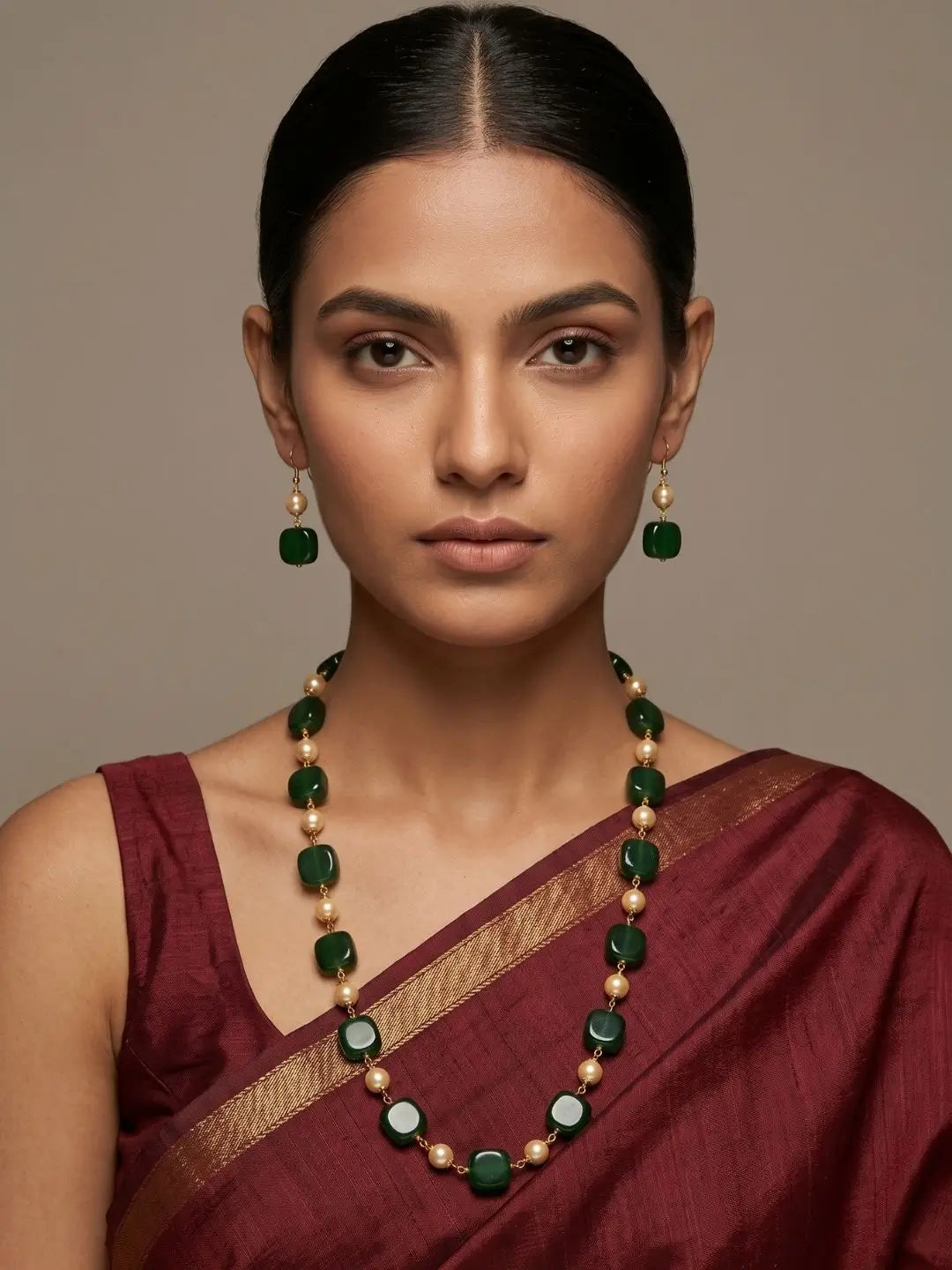 Elegant Natural square shaped  Jade Beads And faux Pearls Long Beaded Necklace - Gemstone Beaded Jewelry