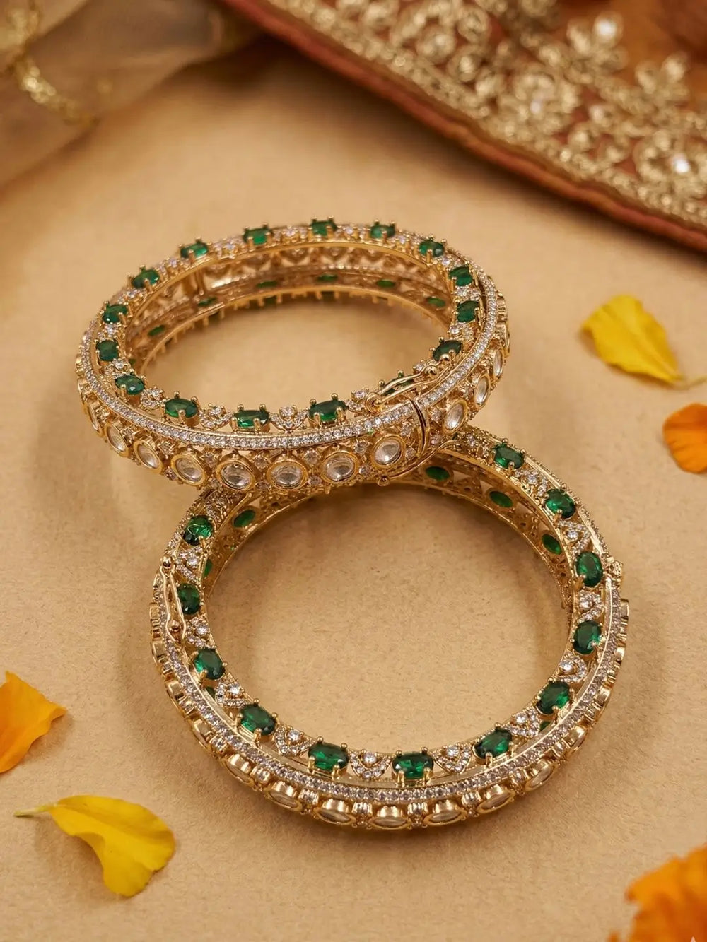 Gold Plated Emerald Stones & Kundan Openable Bangles For Women | Wedding Bridal & Party Wear