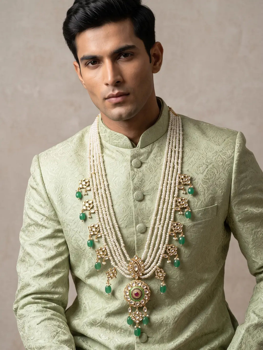 Multi-layer pearl sherwani necklace with natural freshwater pearls, green jade drops, Kundan motifs and sparkling CZ stones
