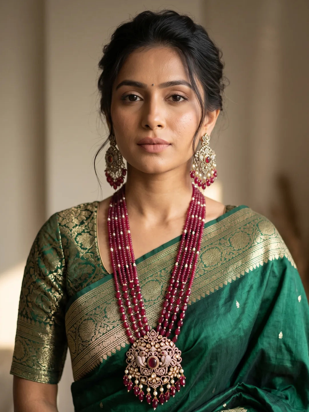 Traditional red bead necklace with larger oval beads near the centre, a decorative pendant with peacock motifs and white stone detailing.