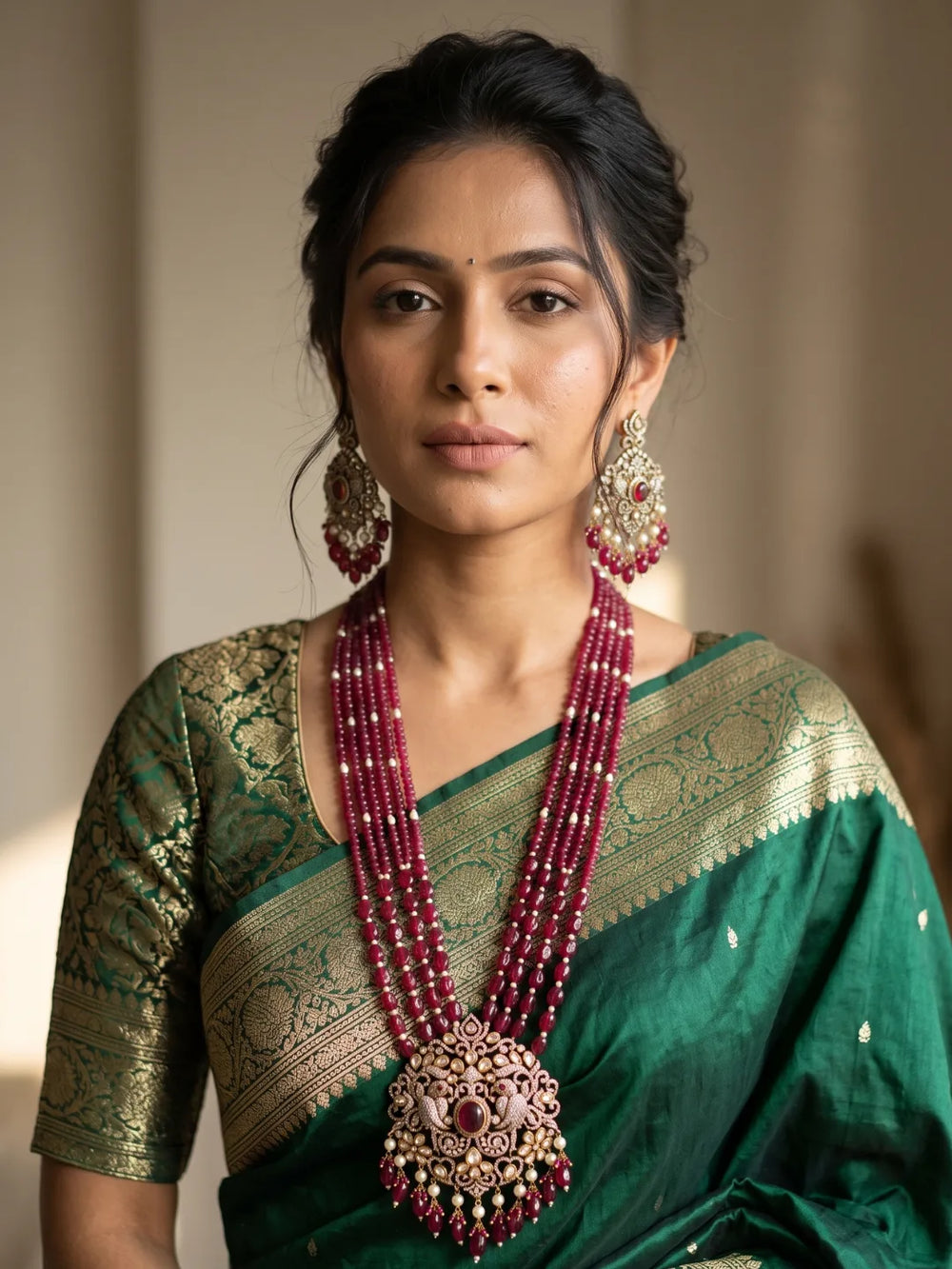 Traditional red bead necklace with larger oval beads near the centre, a decorative pendant with peacock motifs and white stone detailing.