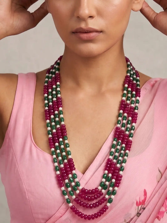 Long multilayer red, green and white beaded necklace with jade beads and freshwater pearls for women.