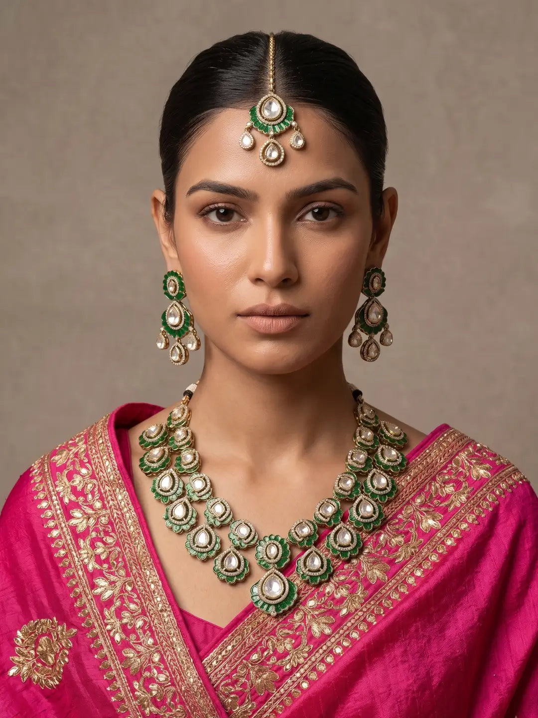 The accompanying maang tikka completes this green jewellery set, coordinating with the necklace and earrings through floral and teardrop motifs.