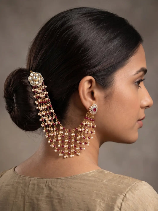 Maroon Kundan ear to hair chain with jade beads and pearls for Indian bridal bun and traditional wedding jewellery.