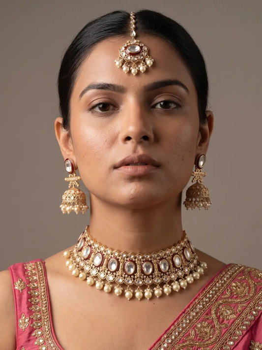 Maroon Red Stone Bridal Polki Choker with Meenakari Accents, Pearl Drops and Matching Jhumka Earrings Styled on a Woman