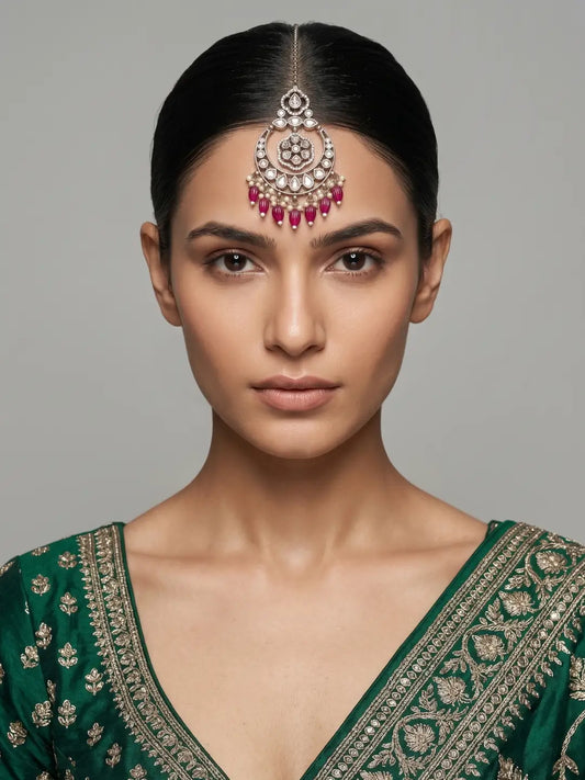 Maroon Stone Antique Victorian Kundan Polki Maang Tikka with Layered Pearl Details Styled for a Bridal Wedding Look