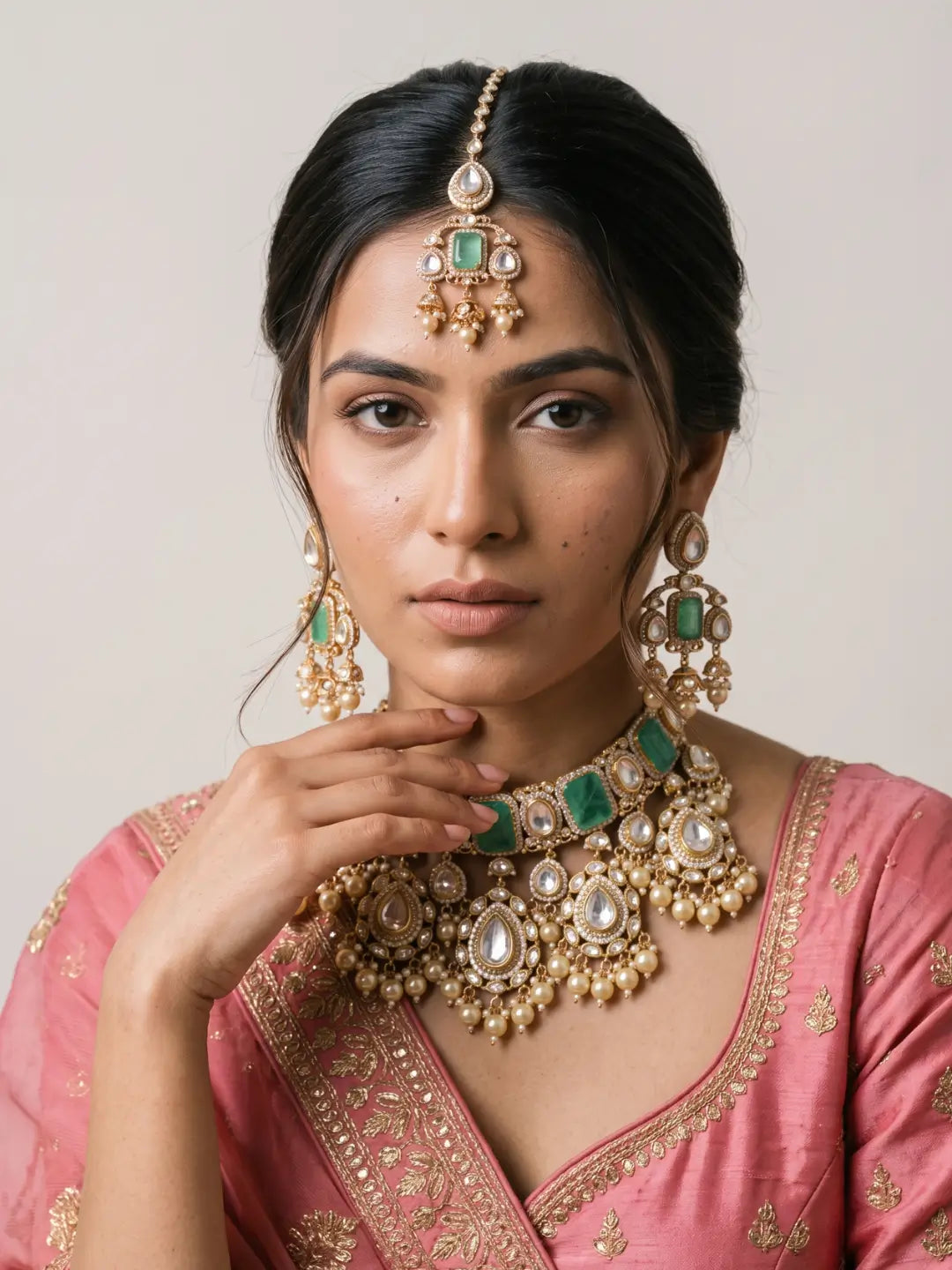 Close-up view of the mint green bridal choker featuring rectangular doublet stones, white Kundan-style stones, ornate gold-tone frames and pearl embellishments.