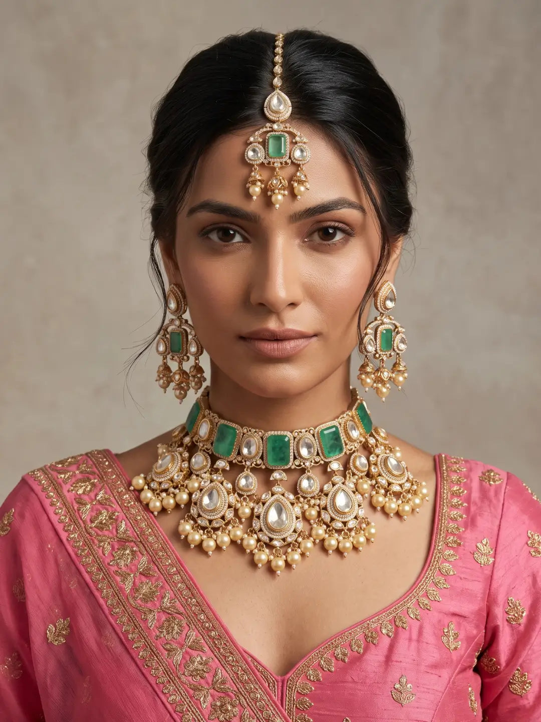 Mint green bridal jewellery set featuring a doublet stone choker, white Kundan-style stones, gold-tone detailing, matching earrings, maang tikka and pearl drops.