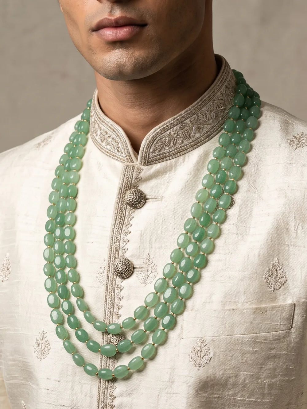 Mint green dulha sherwani mala featuring three layers of polished box-shaped jade beads with gold-tone connecting details.