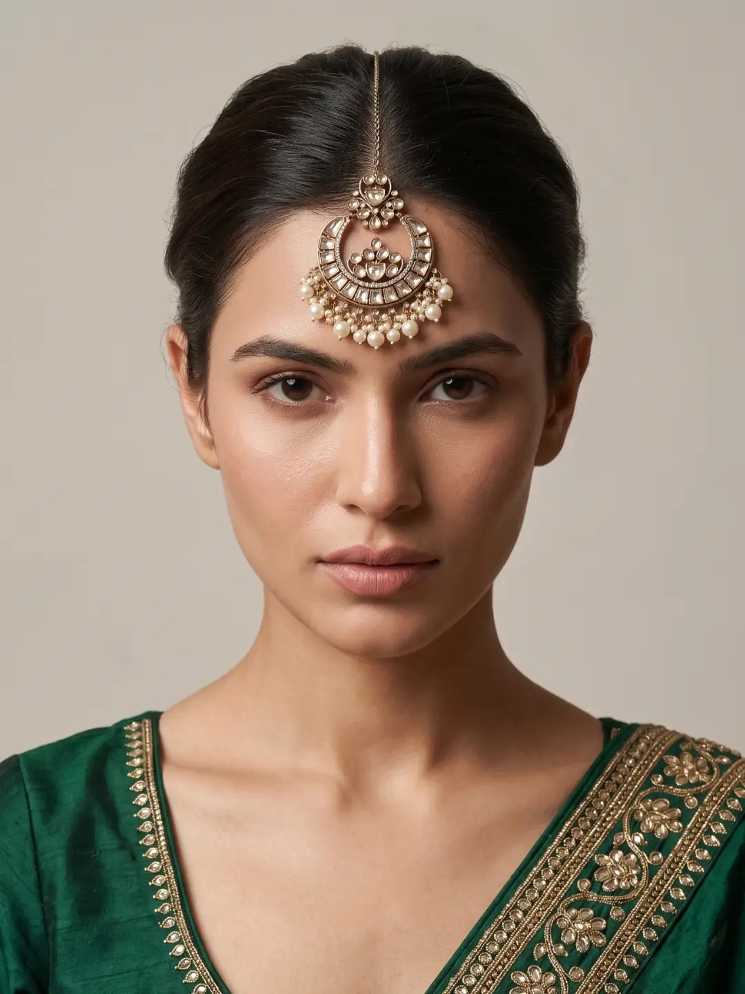 Model Wearing Antique Kundan Maang Tikka