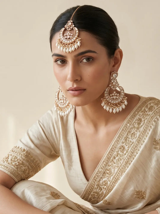 Model Wearing Moon-Shaped Kundan Chandbali Earrings and Maang Tikka Set – Front Bridal Look