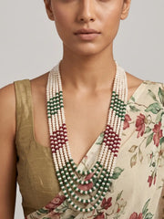 Long multi-strand necklace featuring natural white freshwater pearls, ruby red and green jade bead sections, and gold-plated detailing.